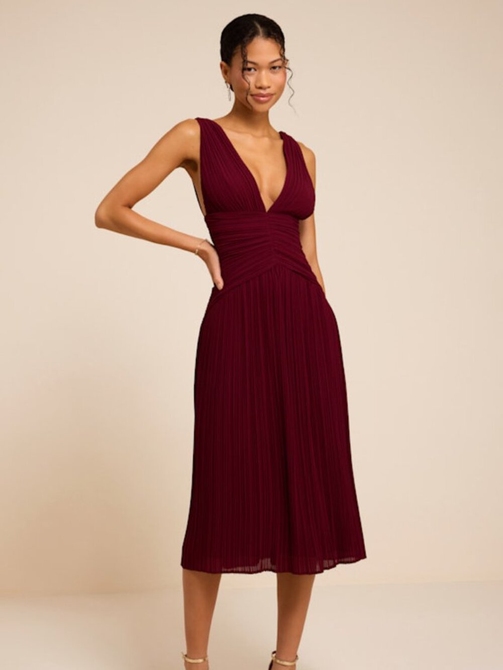 Lulus Kelina Burgundy Pleated Drop Waist Midi Dress Red - Size XL
